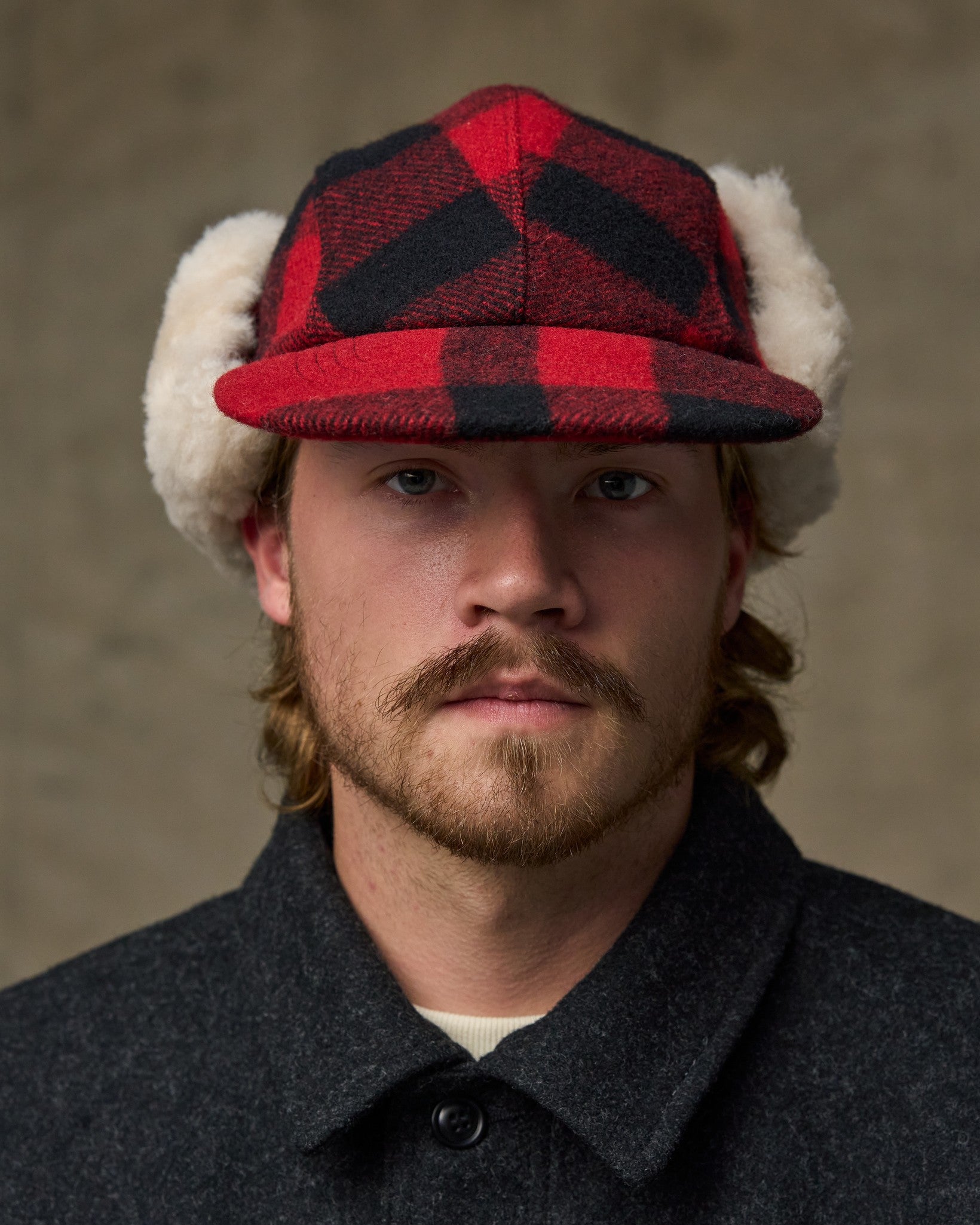 Double Mackinaw Wool Cap - Red Black Plaid/birch