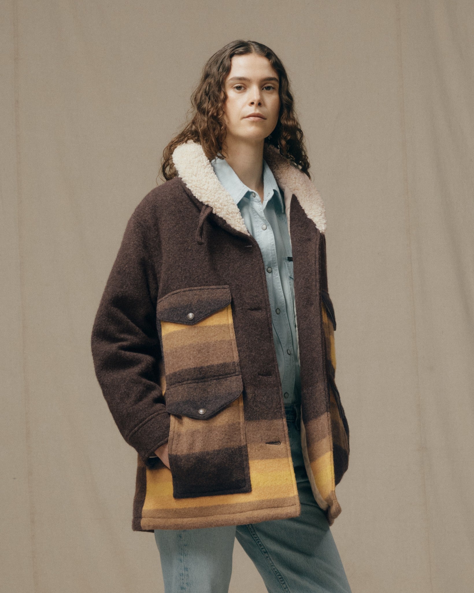 Women's Kodiak Shawl Collar Coat - Brown / Yellow Stripe - Image 2
