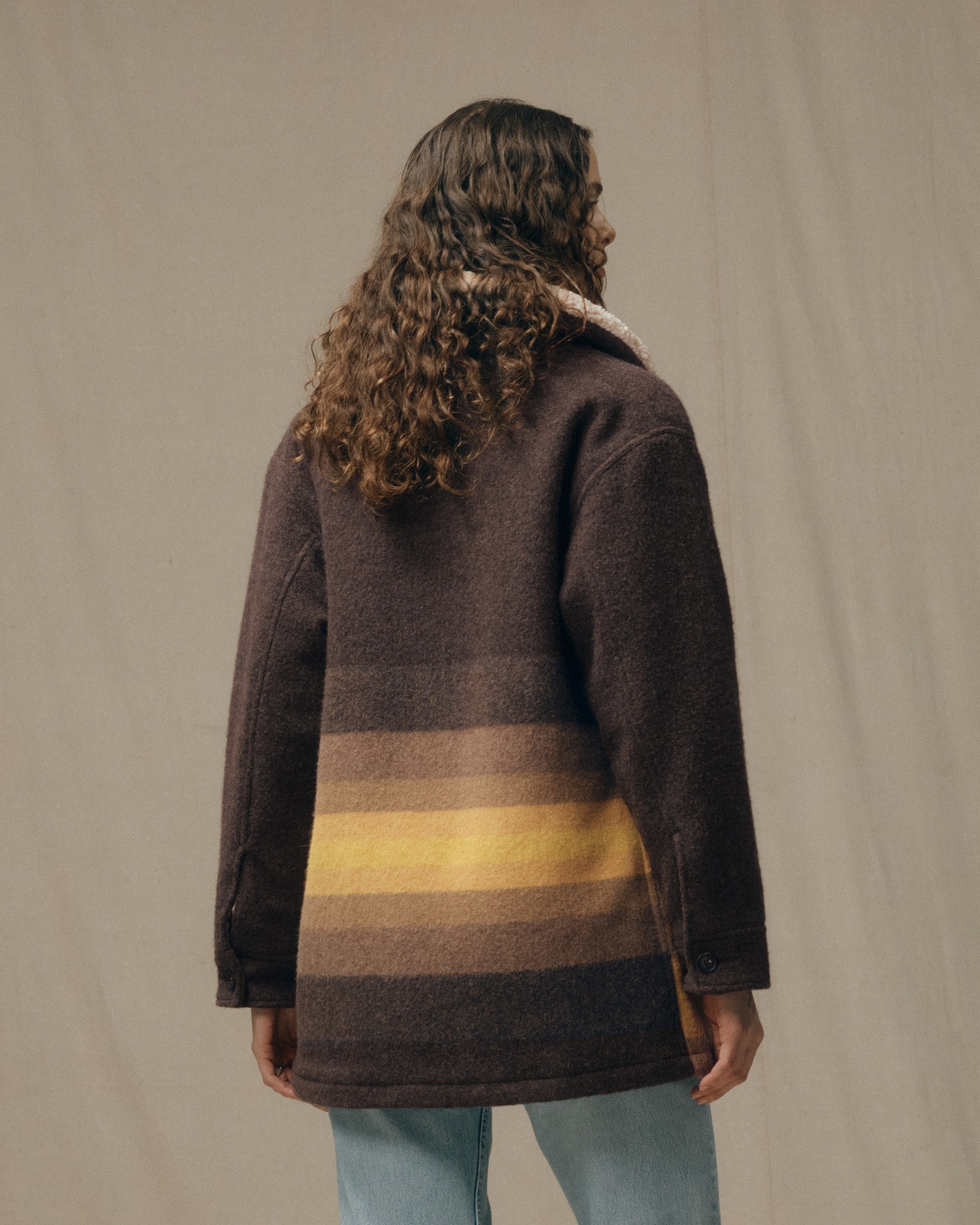 Women's Kodiak Shawl Collar Coat - Brown / Yellow Stripe - Image 3