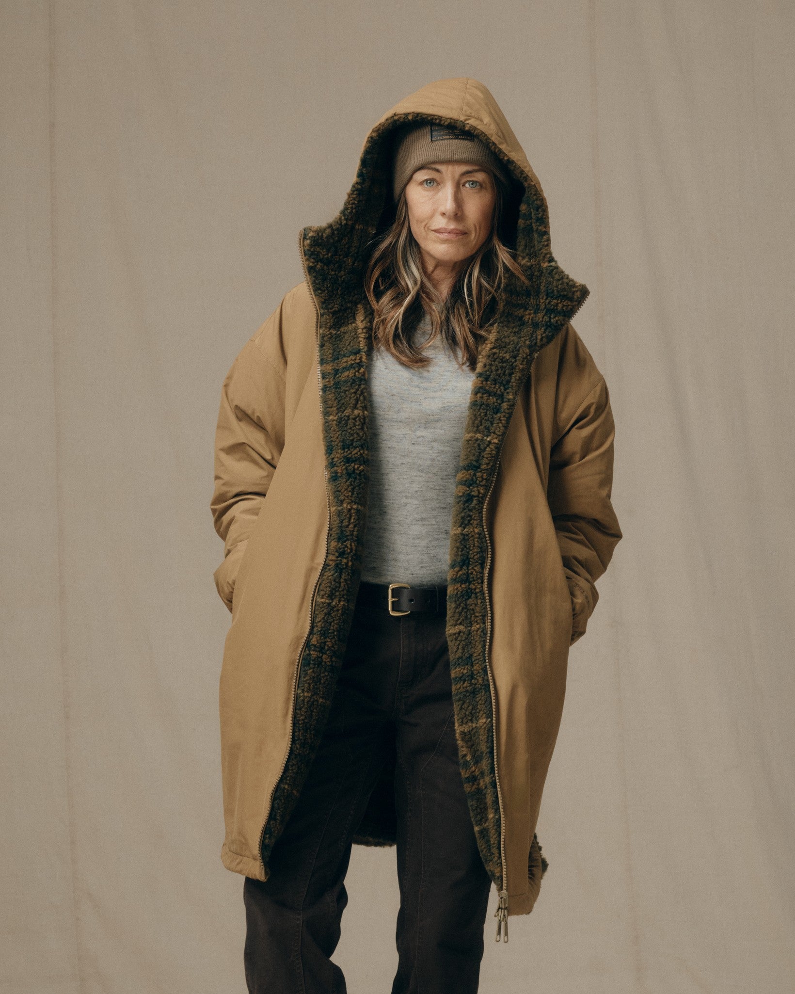 Women's Reversible Woolly Fleece Coat - Tan