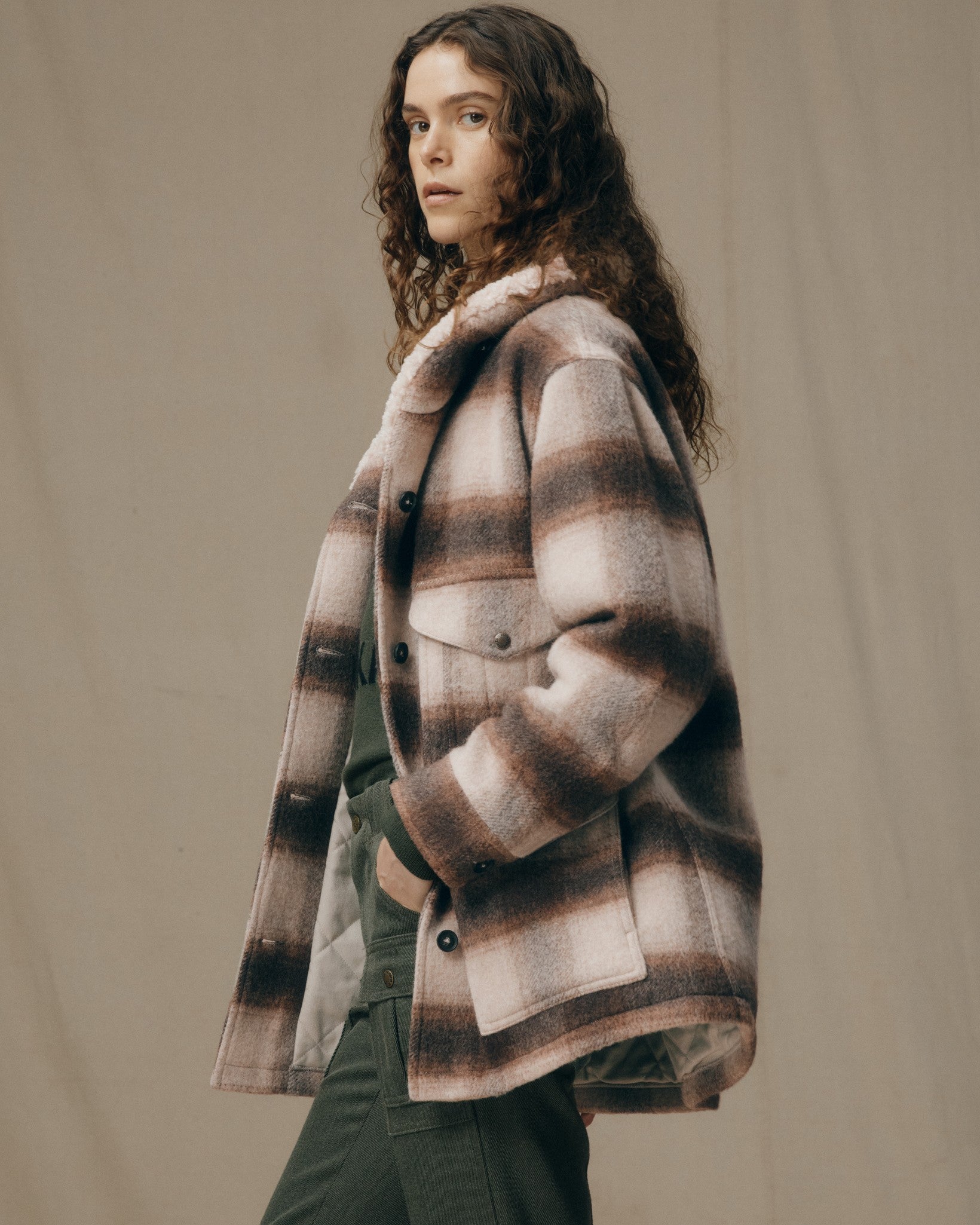 Women's Kodiak Shawl Collar Coat - Cream / Brown Shadow Plaid - Image 3