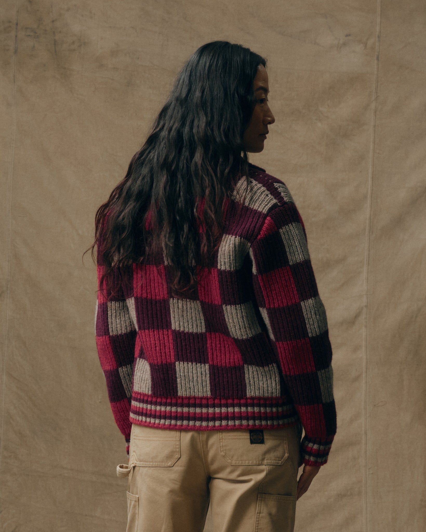 Women's Checkered Wool Cardigan - Burgundy / Gray Check - Image 2