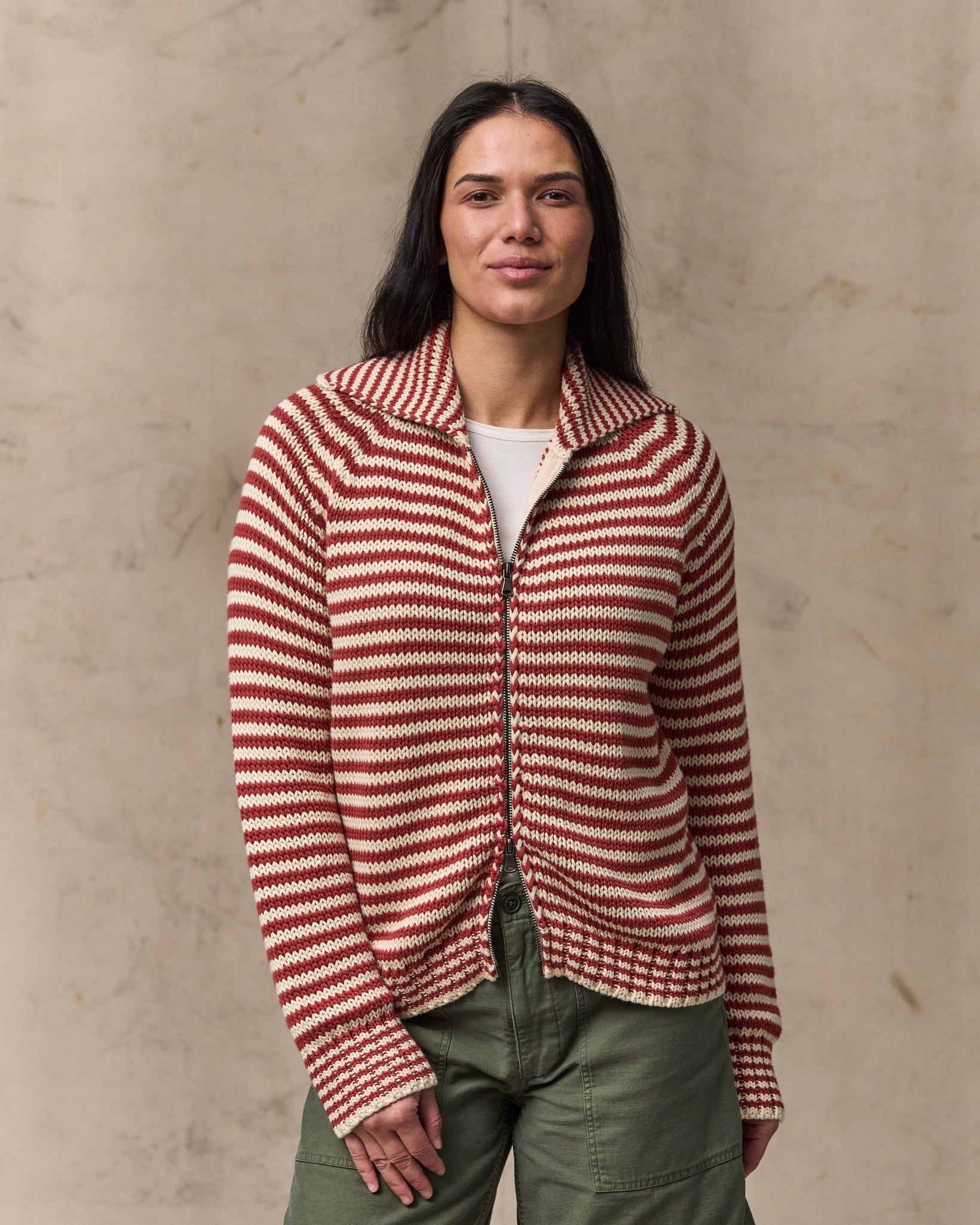 Women's Cotton Full-zip Cardigan - Brick / Sand Stripe