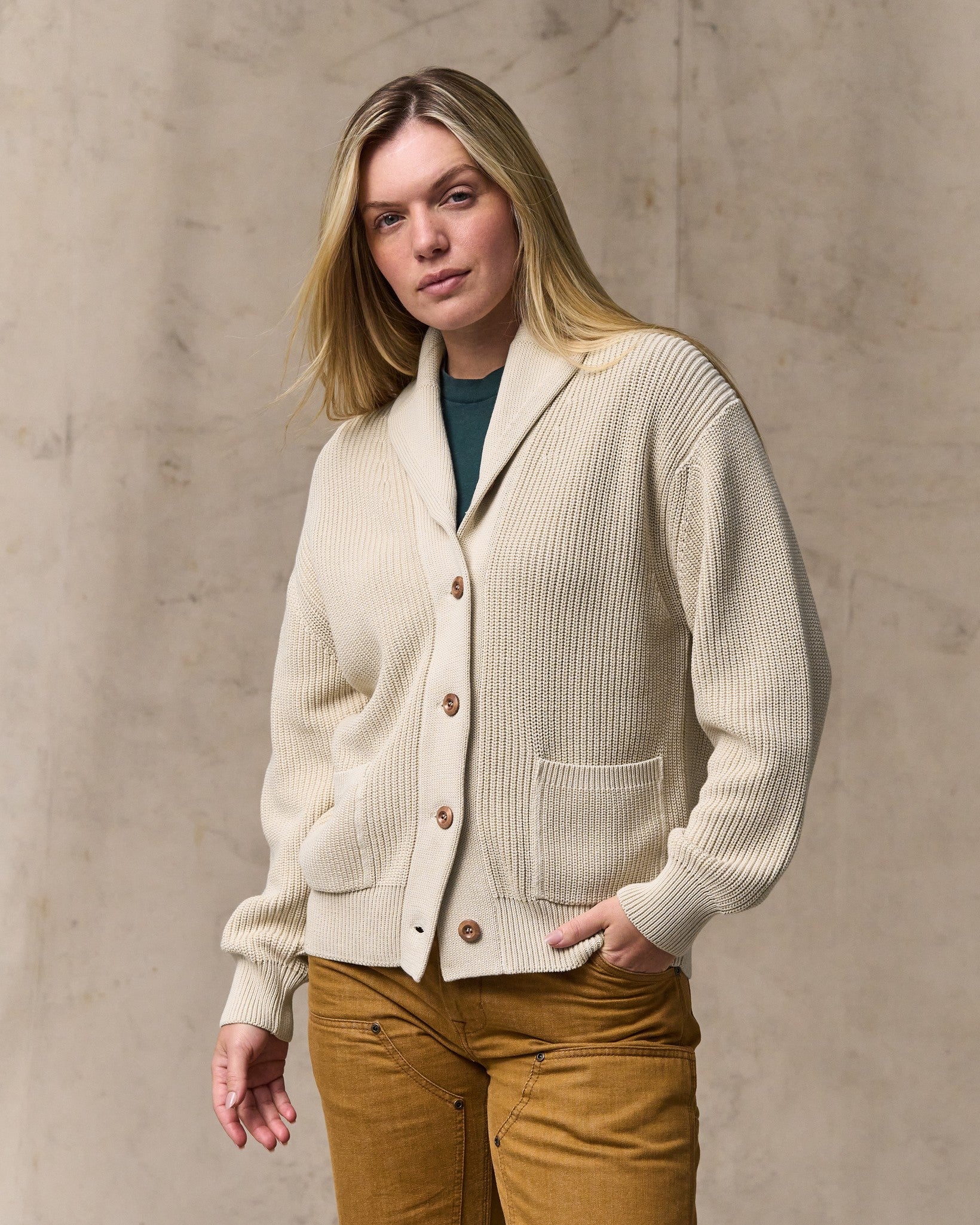 Women's Cotton Shawl Neck Cardigan - Natural